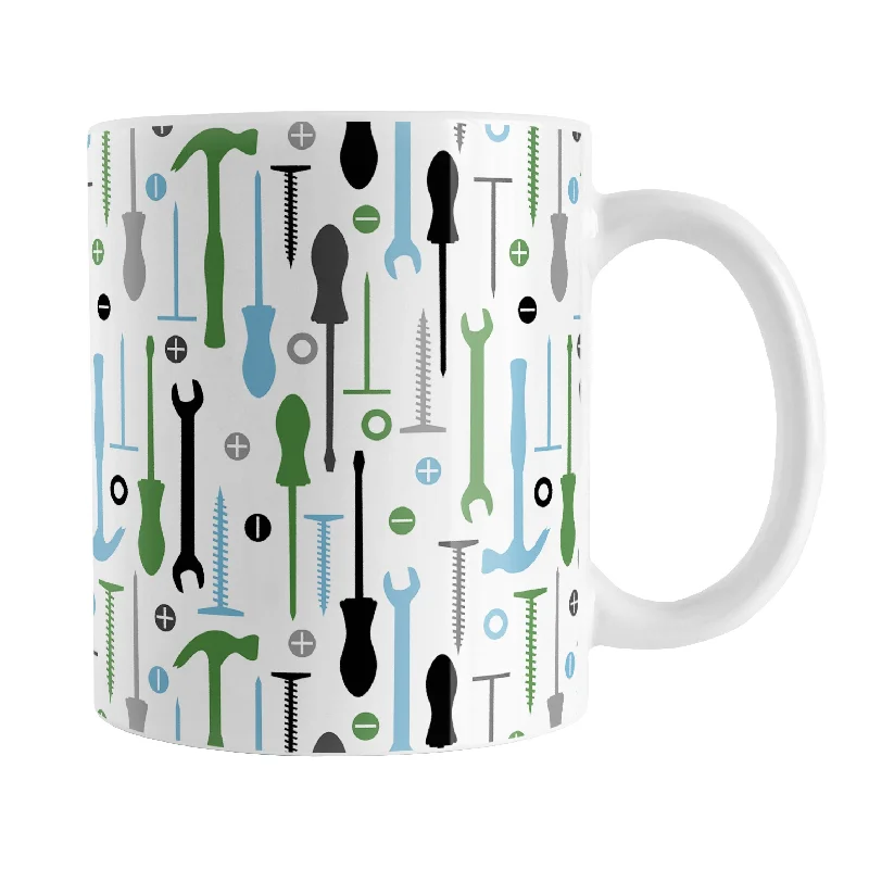 white coffee mug -Green Blue Tools Pattern Mug