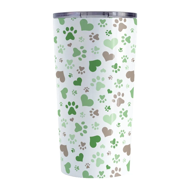 coffee mug with a message -Green Hearts and Paw Prints Tumbler Cup