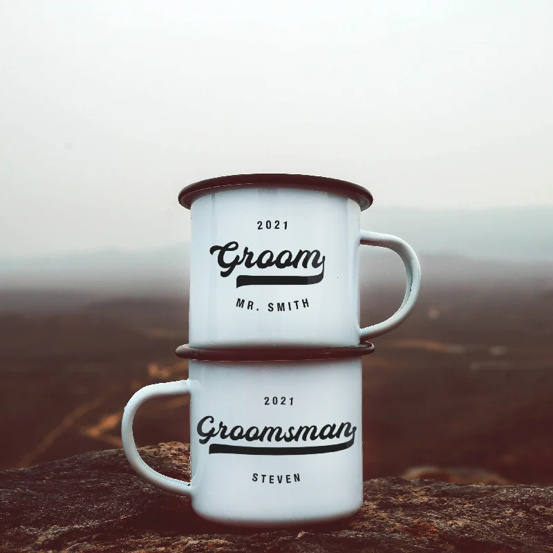 travel mug with design -Groomsman Best Man Enamel Mugs