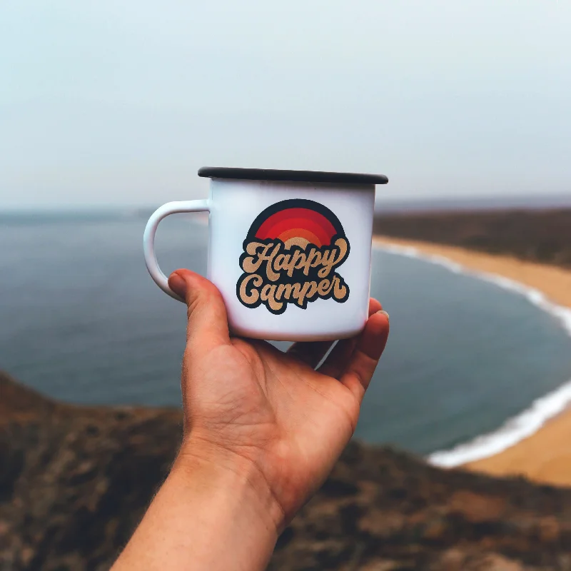 new coffee mug designs -Retro Happy Camper Enamel Coffee Mug