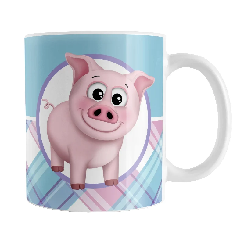 large glass coffee mug -Happy Pink Pig with Plaid Pattern Mug