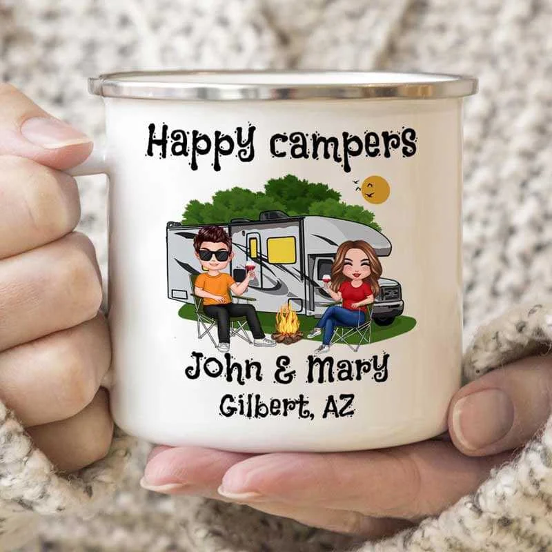 ceramic coffee mug -Happy Camper Campsite Doll Friends Couple Single Personalized Campfire Mug