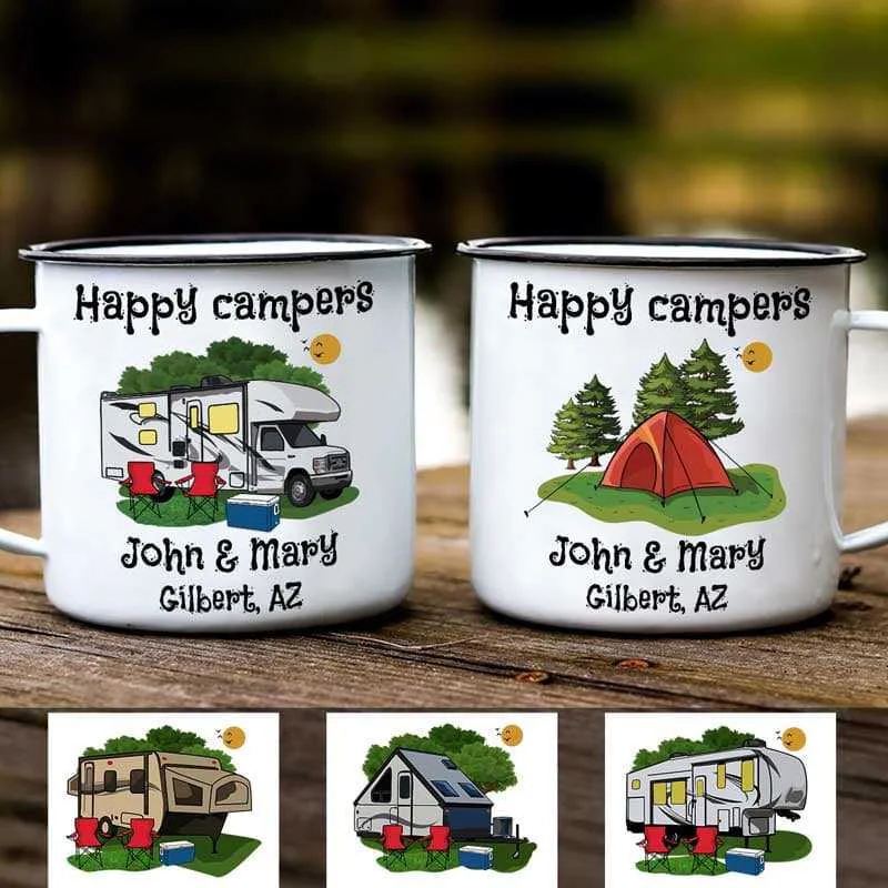 portable coffee mug for travel -Happy Campers Campsite Personalized Campfire Mug