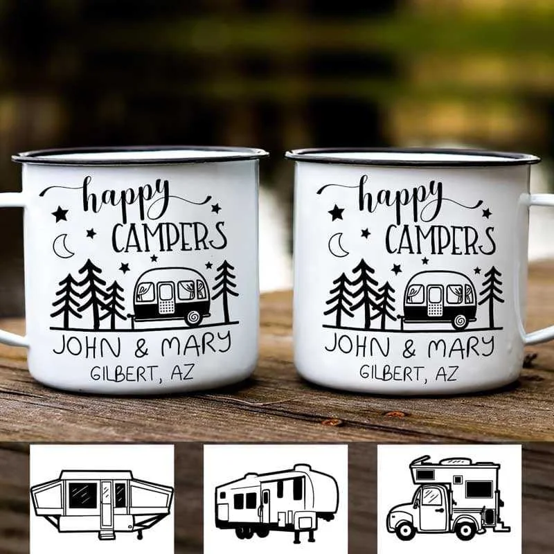 funny coffee mug -Happy Campers Outline Personalized Campfire Mug