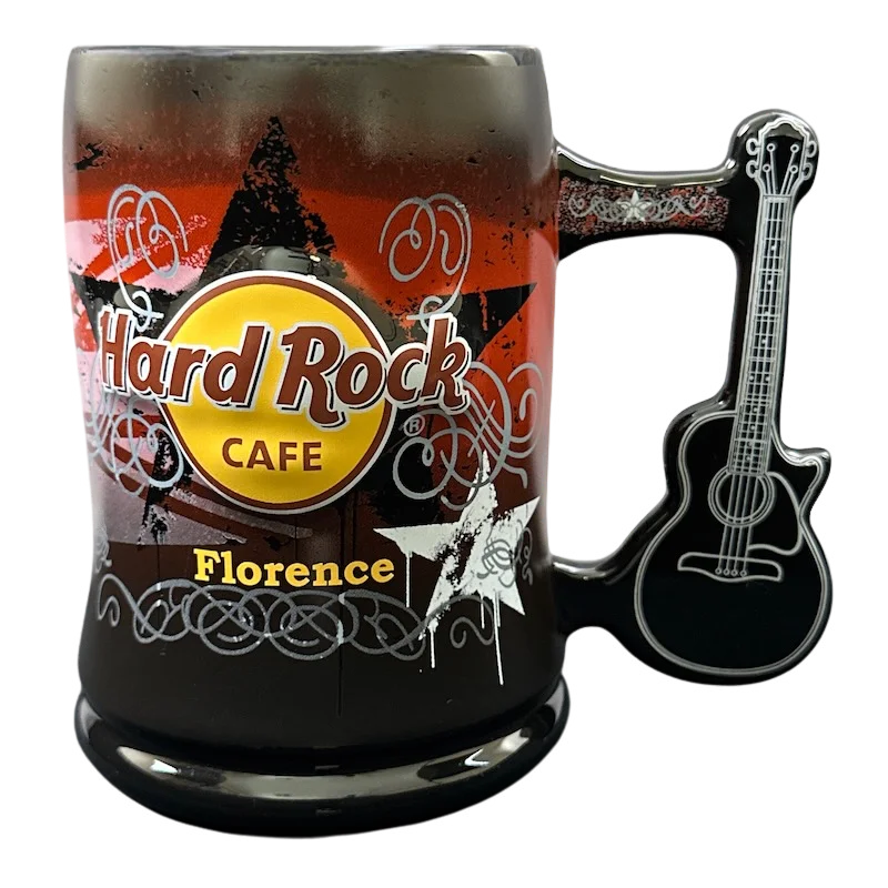 coffee mug with quote -Hard Rock Cafe Florence Love All Serve All Embossed Guitar Handle Mug