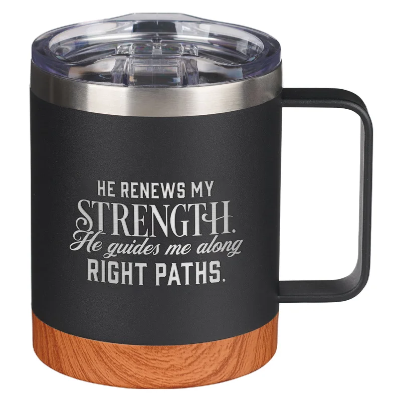 elegant coffee mug -He Renews My Strength Black Stainless Steel Travel Mug