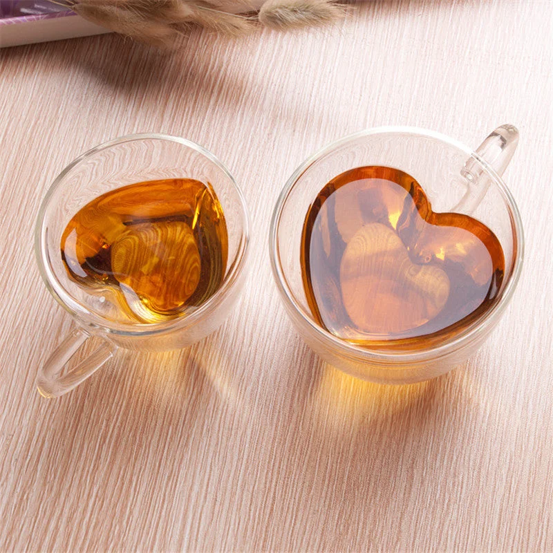 classic coffee mug -Heart Love Shaped Double Wall Glass Mug Resistant Kungfu Tea Mug Milk Lemon Juice Cup Drinkware Lover Coffee Cups Mug Gift