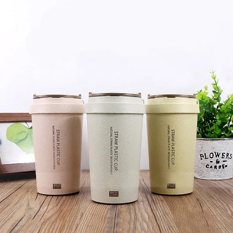 travel cup with cute design -High Quality Pastoral Wheat Fiber Hand  Milk Cups Cola Coffee Cup Student Sport With Cover Accessible Thermo Lid Drinking Water