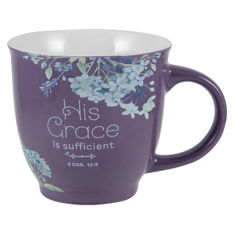 large coffee cup for tea -His Grace Is Sufficient Purple Ceramic Mug - 2 Corinthians 12:9