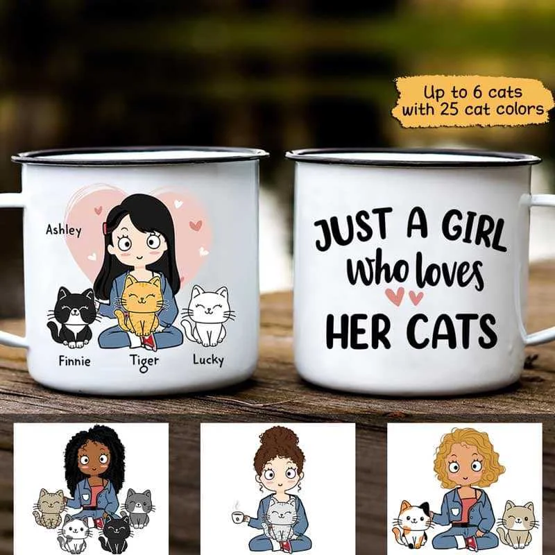 unique tea cup -Just A Girl Loves Her Cats Personalized Campfire Mug