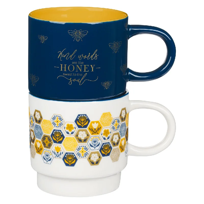 coffee cup with cute design -Kind Words Are Like Honey Stackable Two Piece Ceramic Mug Set - Proverbs 16:24