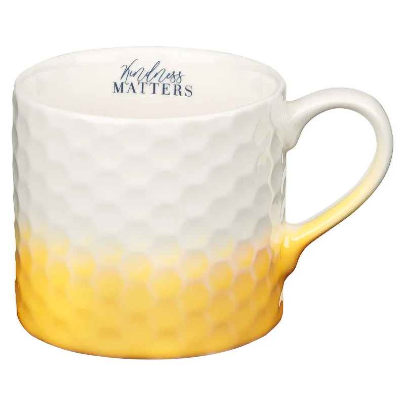 fun travel mugs -Kindness Matters White & Yellow Ceramic Mug - Proverbs 16:24