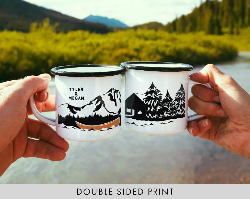 personalized coffee mug -Custom Text Enamel Camping Mug -  Lake & Canoe Design