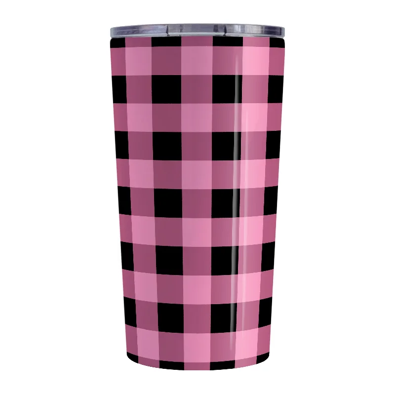 large insulated coffee mug -Light Pink and Black Buffalo Plaid Tumbler Cup