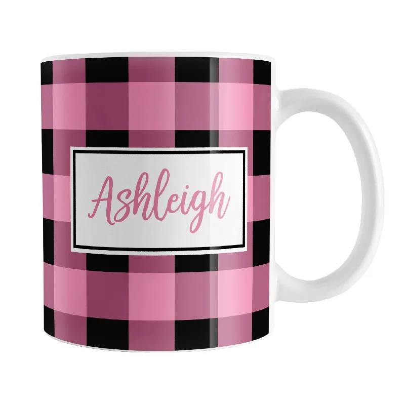 modern coffee mug -Personalized Name Light Pink and Black Buffalo Plaid Mug