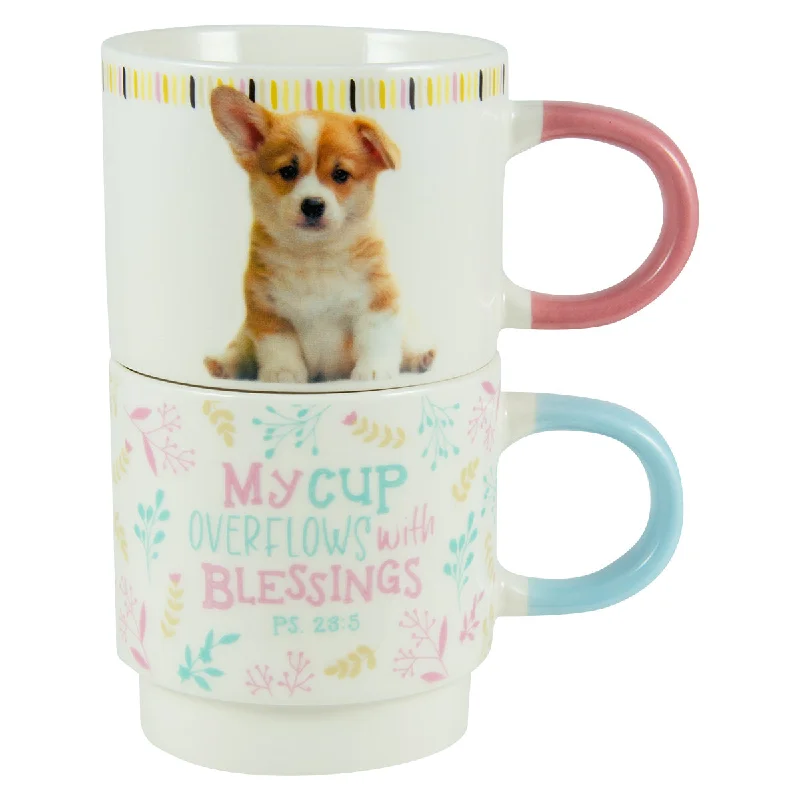 personalized travel cup -My Cup Overflows With Blessings Stackable Two Piece Ceramic Mug Set - Psalms 23:5