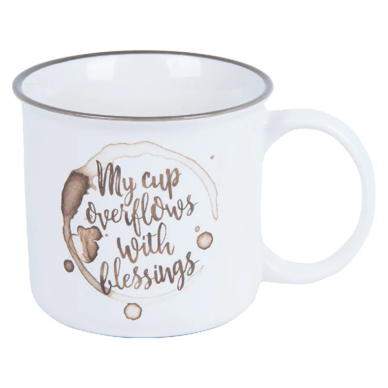 reusable coffee cup -My Cup Overflows With Blessings White Ceramic Mug - Psalm 23:5