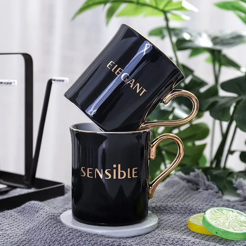 coffee cup with lid and straw -Nordic Style Gold Black Ceramic Cup Office Business Coffee Cup Simple Mug Student Cup Self Stirring Mugs  Funny Mugs