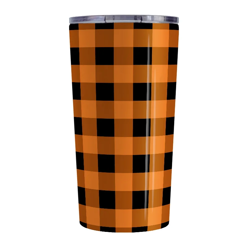 large ceramic coffee mug -Orange and Black Buffalo Plaid Tumbler Cup