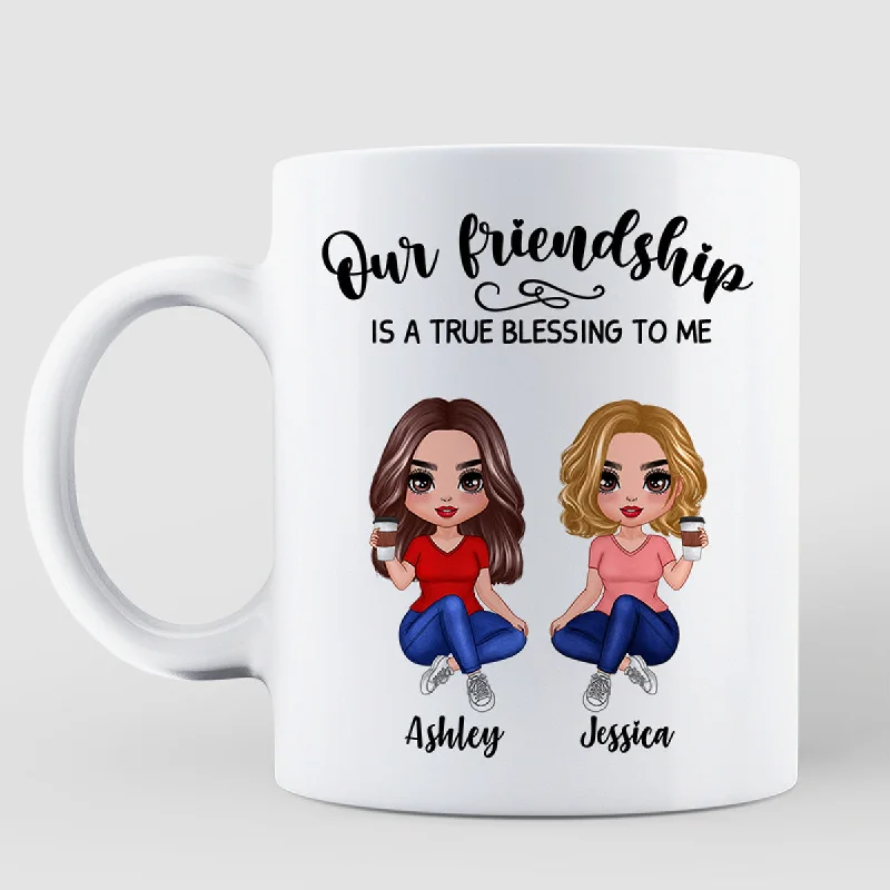 coffee mug with a message -Our Friendship Is True Blessing Pretty Besties Sisters Sitting Personalized Mug