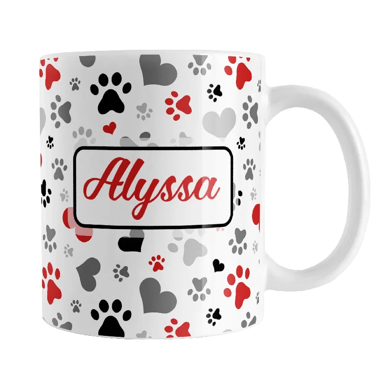 coffee cup with floral design -Personalized Black and Red Hearts and Paw Prints Mug