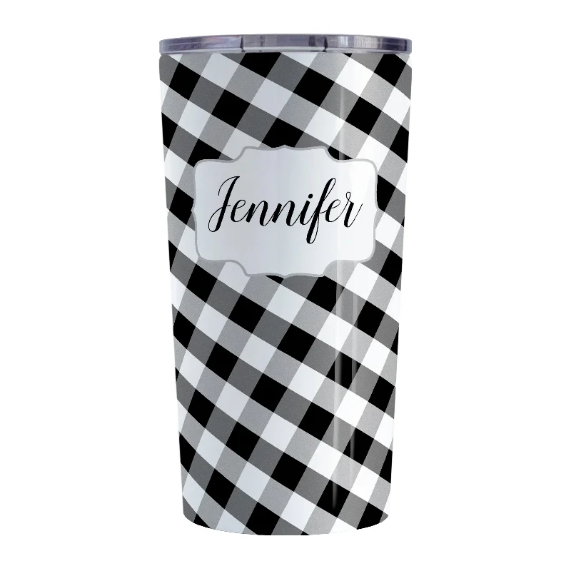 custom printed coffee mug -Personalized Black and White Gingham Tumbler Cup