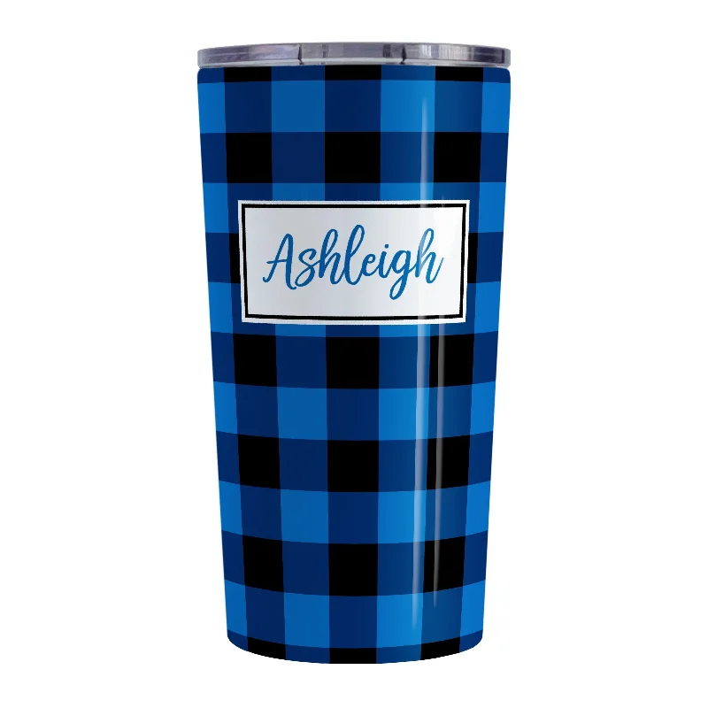 custom coffee cup for family -Personalized Blue and Black Buffalo Plaid Tumbler Cup