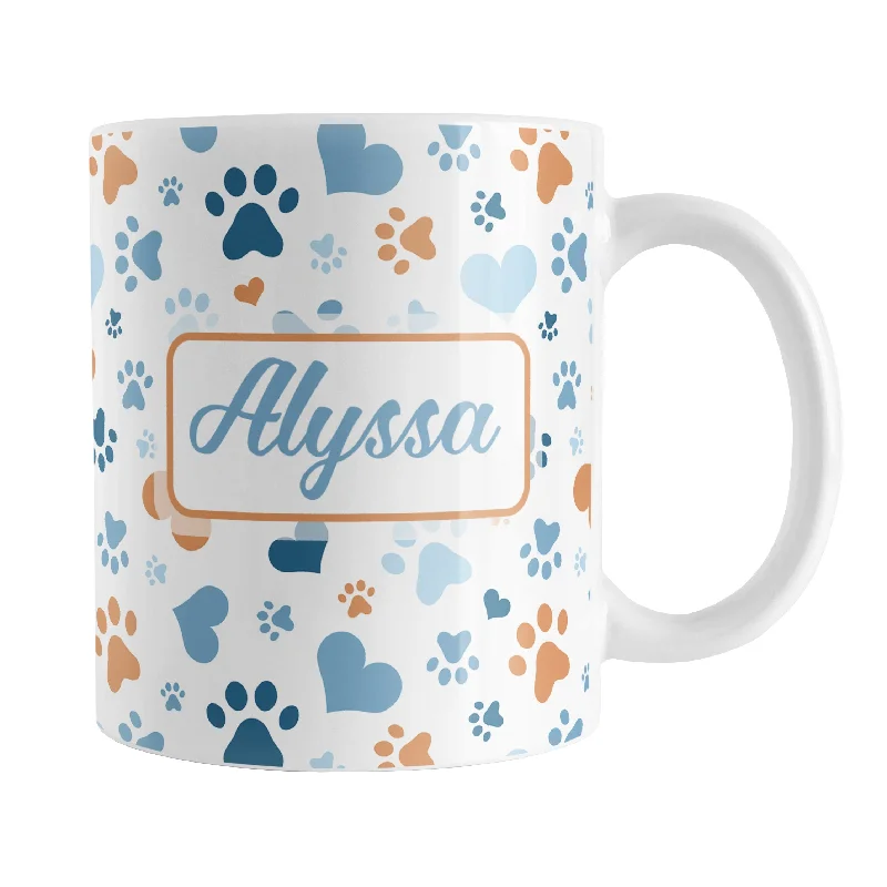 custom coffee mug -Personalized Blue Hearts and Paw Prints Mug