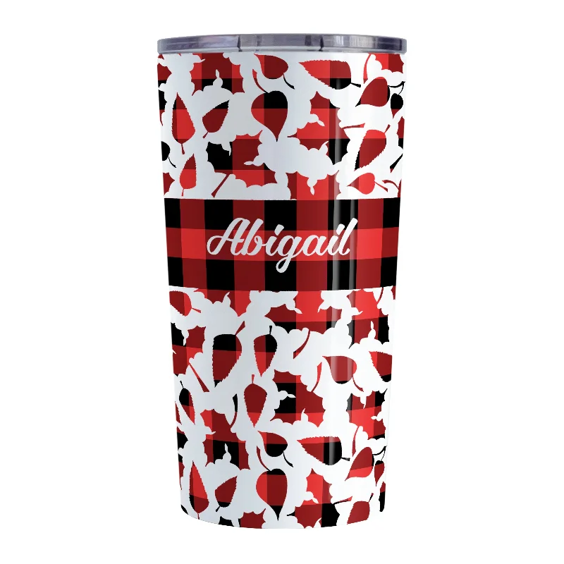 blue ceramic mug -Personalized Buffalo Plaid Leaves Fall Tumbler Cup