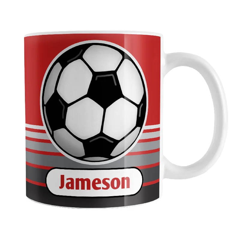 large travel mug -Personalized Gray Gradient Lined Red Soccer Ball Mug