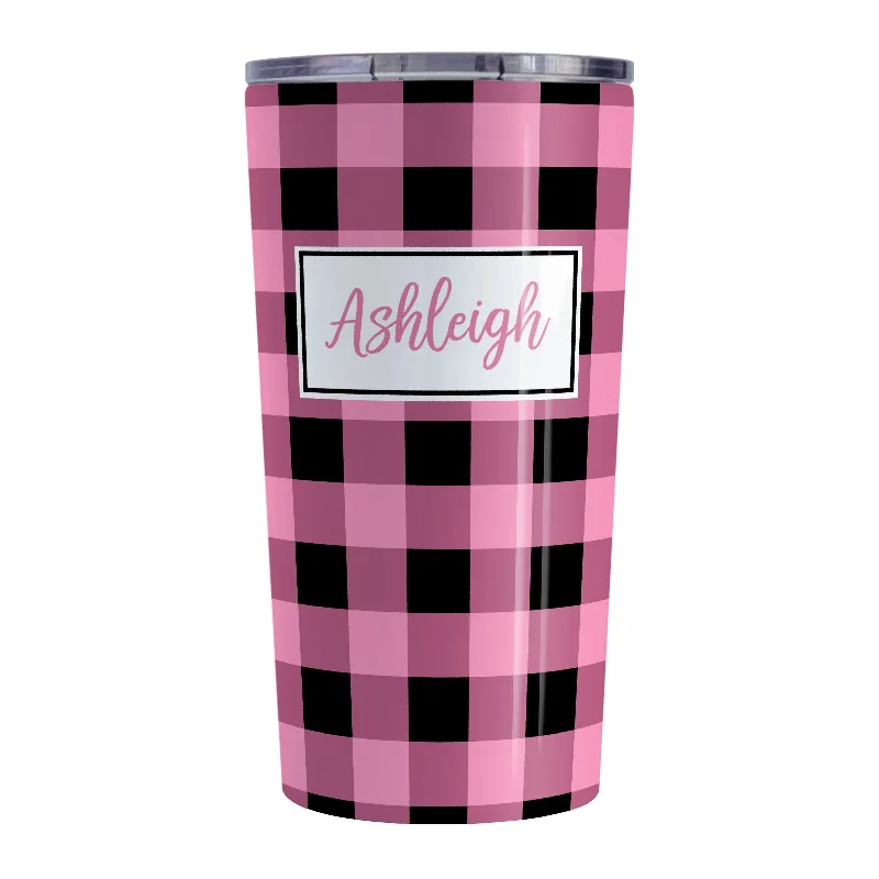 coffee mug with quote -Personalized Light Pink and Black Buffalo Plaid Tumbler Cup