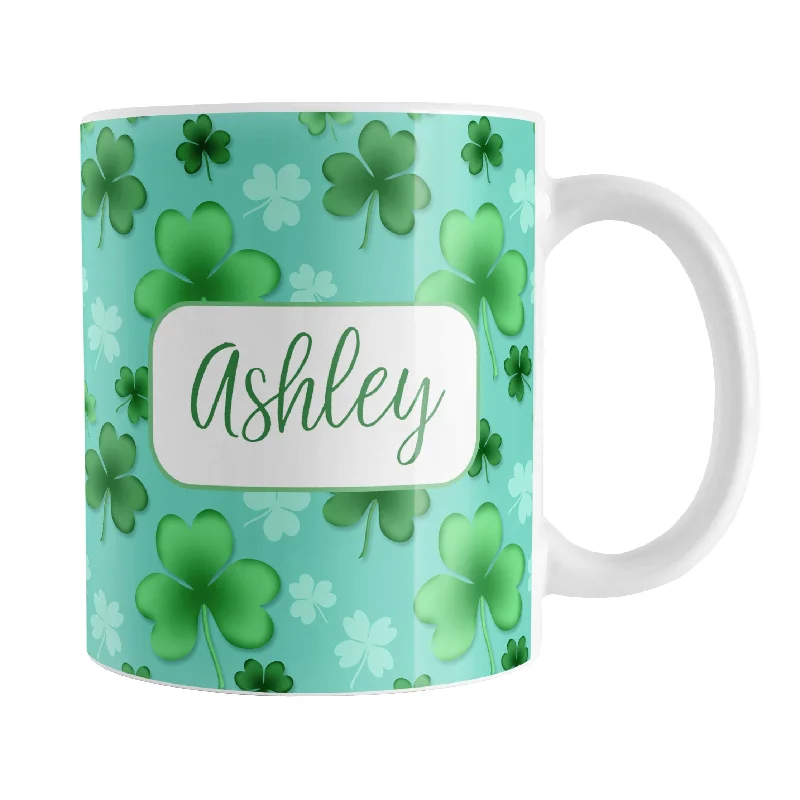 eco mug for coffee -Personalized Lucky Clover Pattern Teal and Green Mug