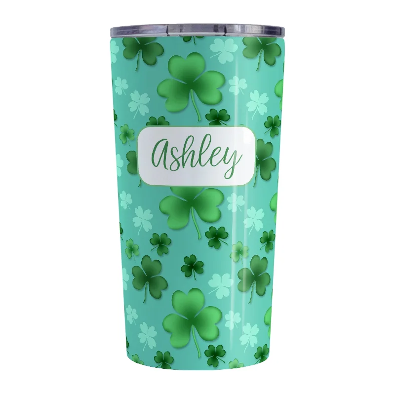 simple coffee mug -Personalized Lucky Clover Pattern Teal and Green Tumbler Cup