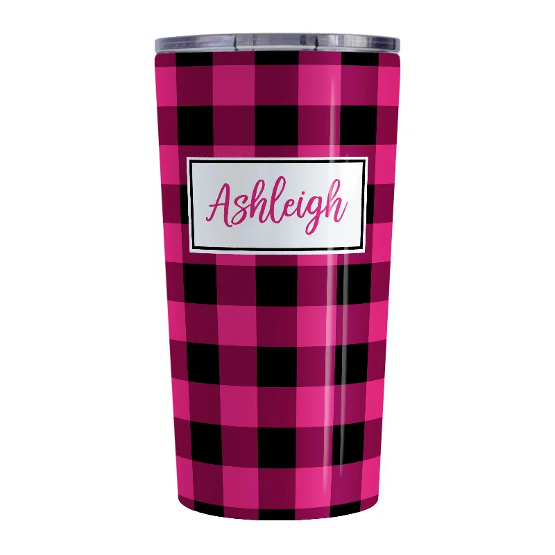 small tea mug -Personalized Pink and Black Buffalo Plaid Tumbler Cup