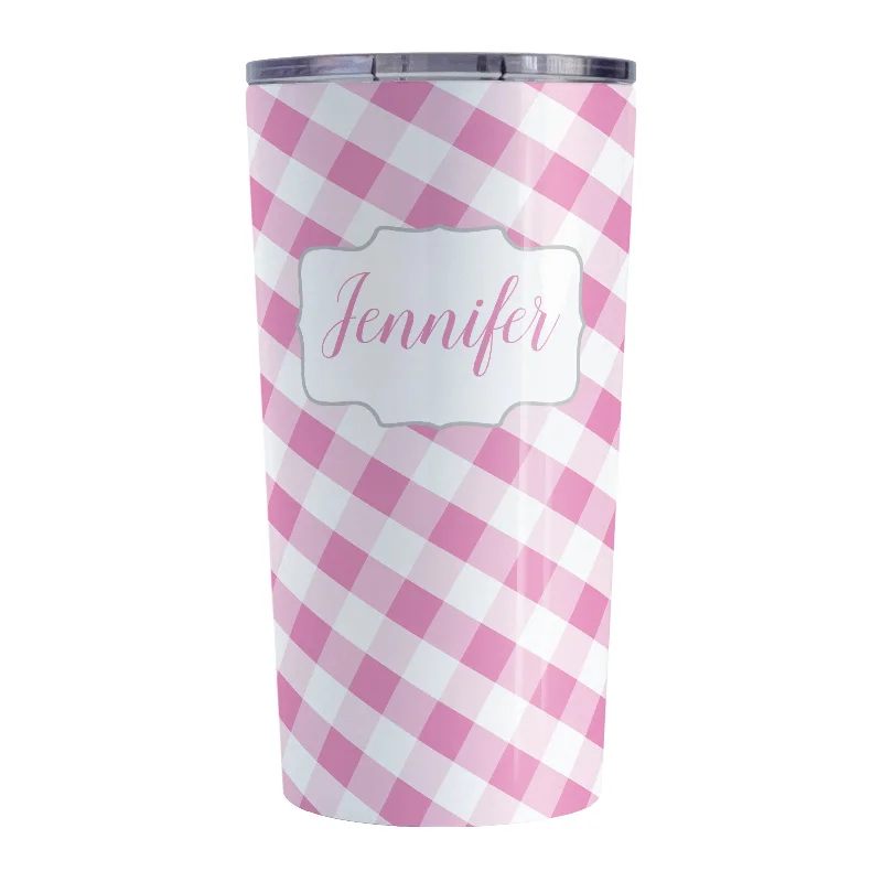 reusable coffee cup -Personalized Pink Gingham Tumbler Cup