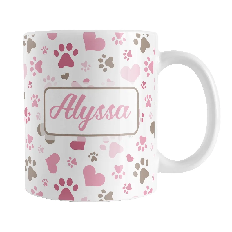 funny coffee mug -Personalized Pink Hearts and Paw Prints Mug