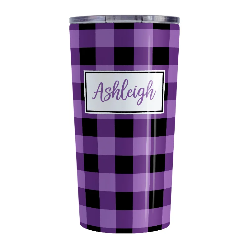 designer coffee mug -Personalized Purple and Black Buffalo Plaid Tumbler Cup