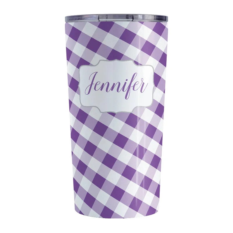 insulated coffee mug -Personalized Purple Gingham Tumbler Cup