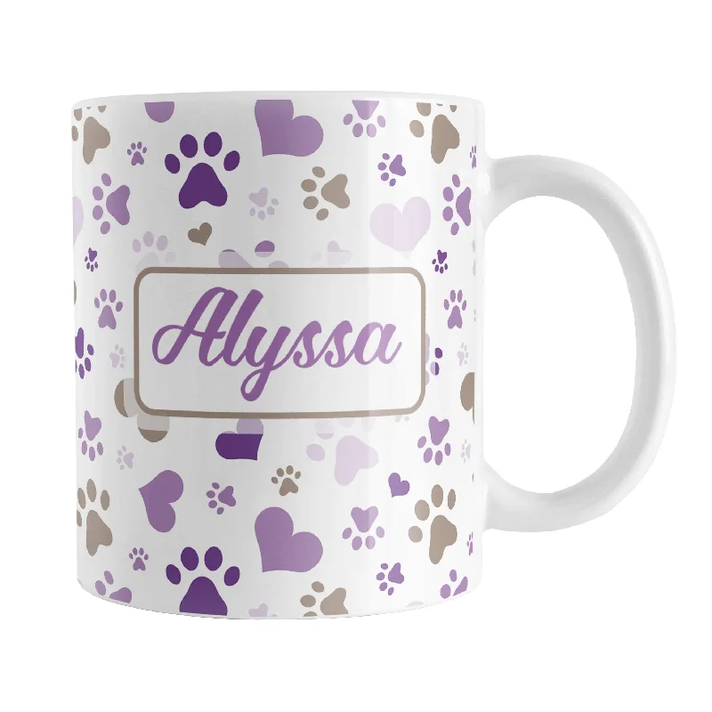 insulated thermal mug for tea -Personalized Purple Hearts and Paw Prints Mug