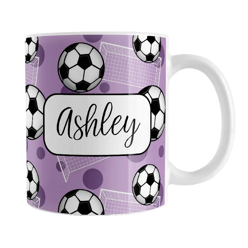 stackable mugs for coffee -Personalized Purple Soccer Ball and Goal Mug