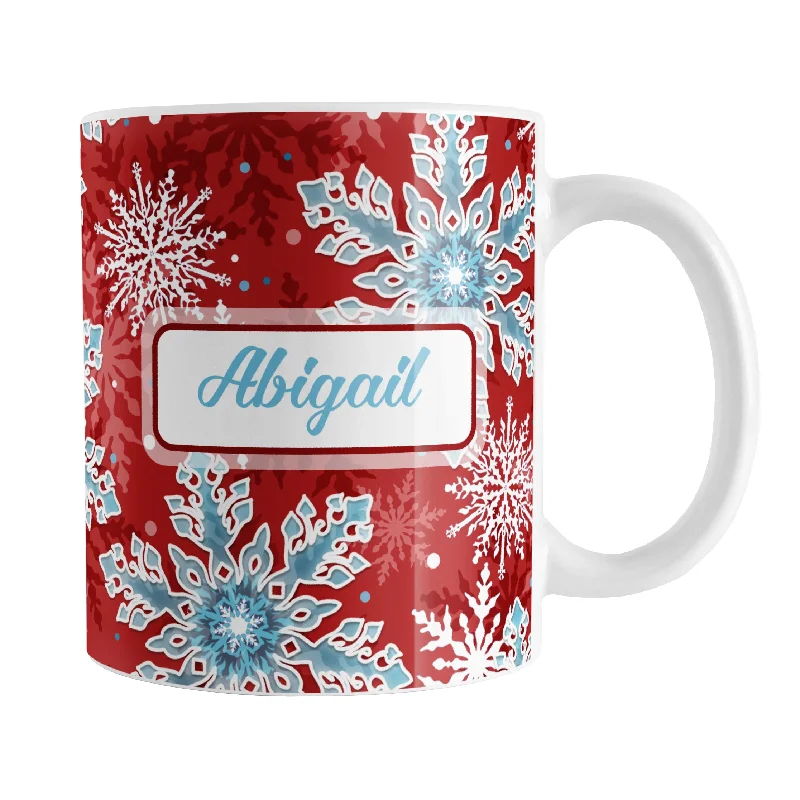 glass coffee mug -Personalized Red Blue Snowflake Winter Mug