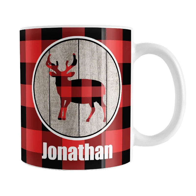 wooden coffee mug -Personalized Rustic Red Buffalo Plaid Deer Mug