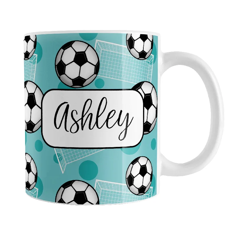 Christmas tea mug -Personalized Teal Soccer Ball and Goal Mug