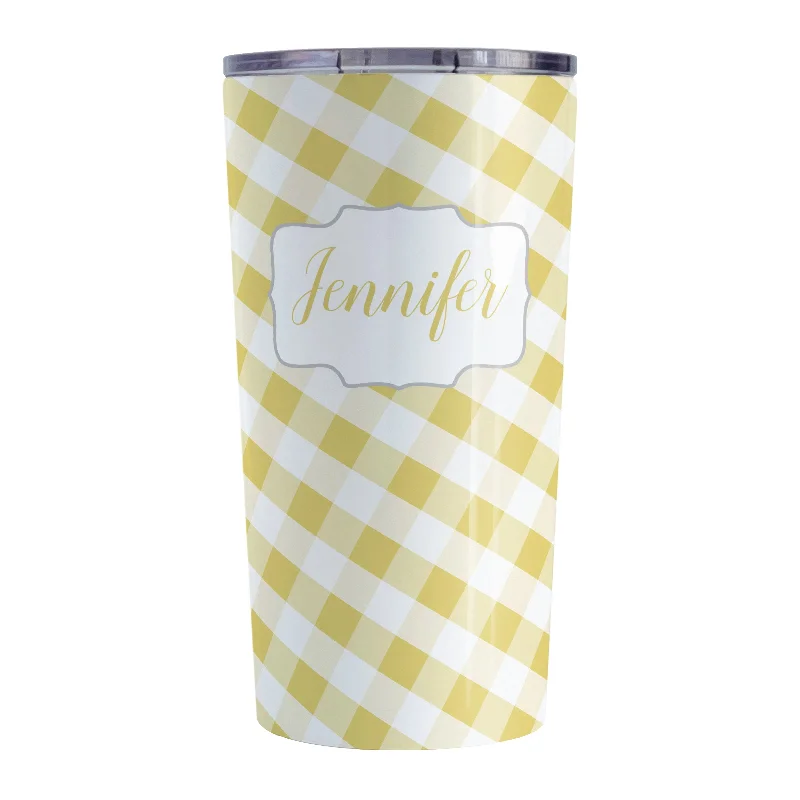 large coffee mug -Personalized Yellow Gingham Tumbler Cup