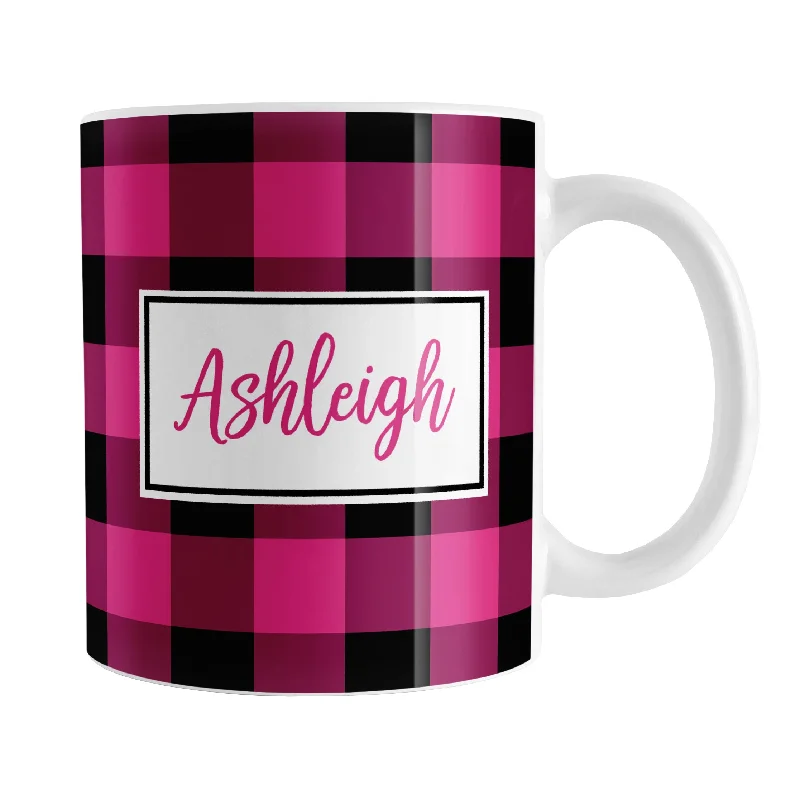 silver travel mug -Personalized Name Pink and Black Buffalo Plaid Mug