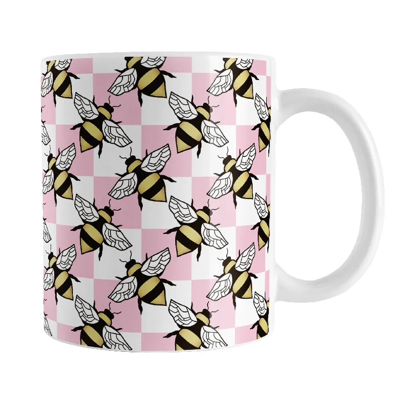 portable coffee mug for travel -Pink Checkered Bee Mug