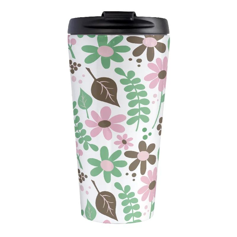 affordable coffee mugs -Pink Green Brown Floral Pattern Travel Mug