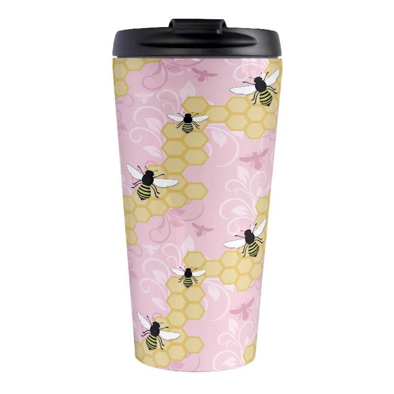 coffee mug for kitchen -Pink Honeycomb Bee Travel Mug