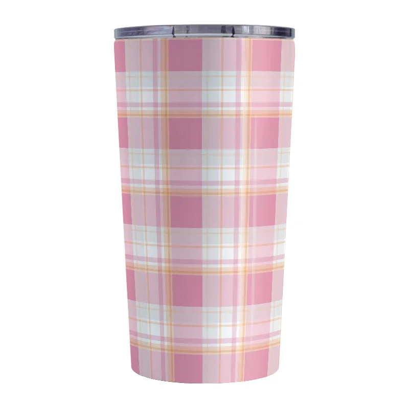 gift coffee mugs -Pink Orange Plaid Tumbler Cup