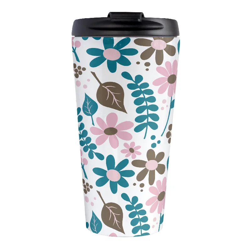 Christmas tea mug -Pink Turquoise Brown Floral Pattern Travel Mug